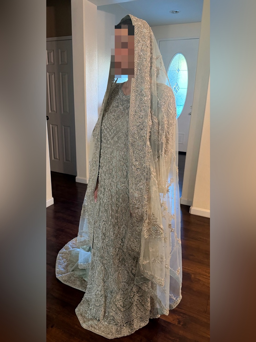 Beaded Pistachio Green Women's Wedding Dress with Embroidered Dupatta